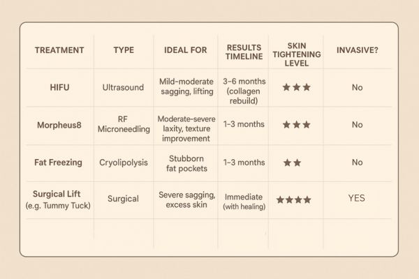 Table showing the comparisons of Skin tightening Apsley treatment options. 